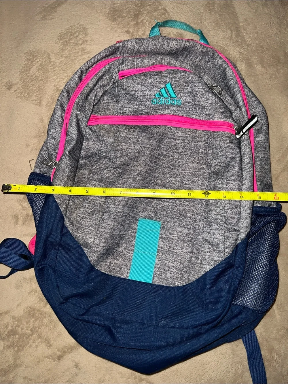 Adidas Gray School Backpack with Pink Zippers & Teal & Blue Accents